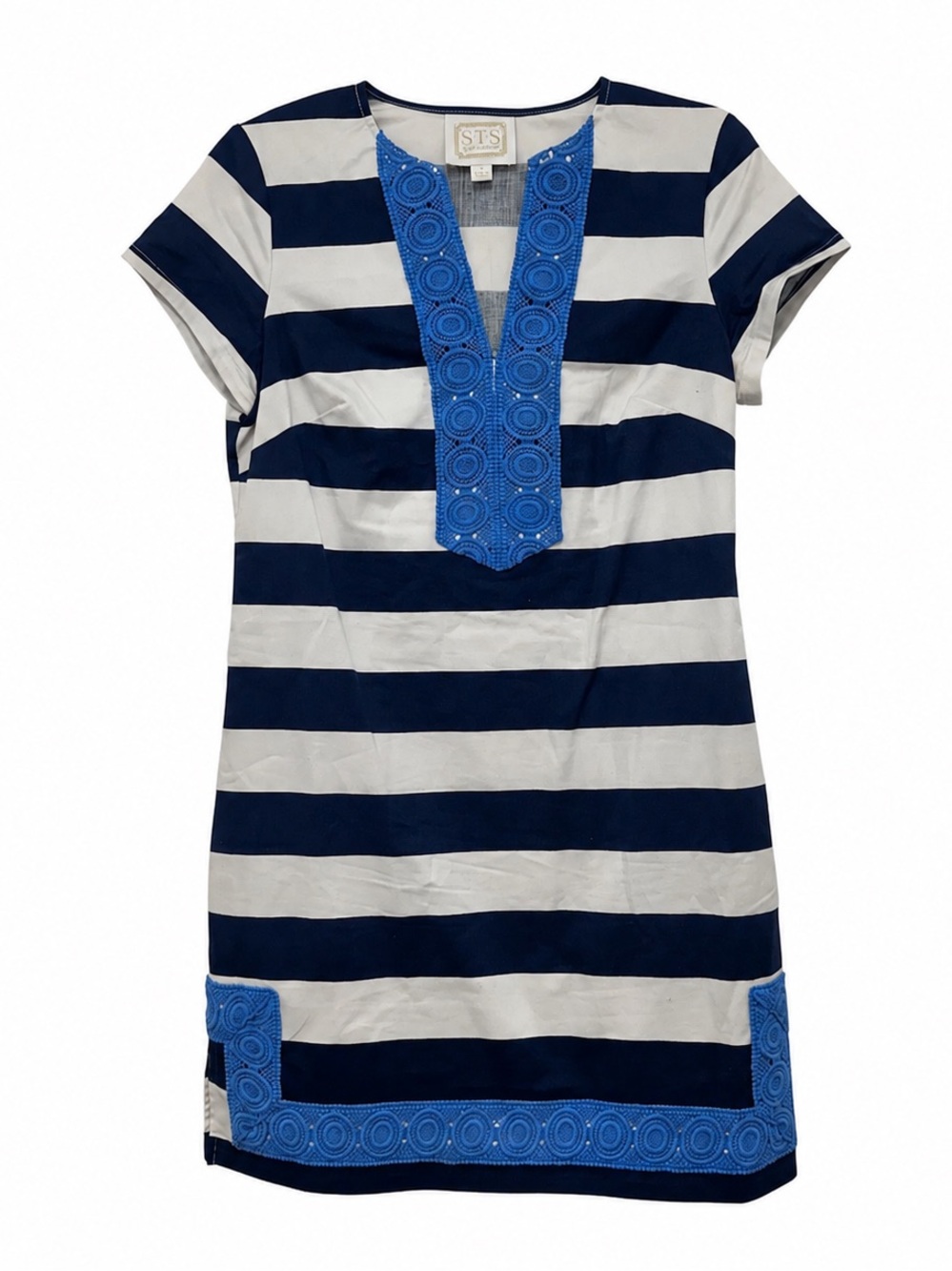 Sail to Sable Blue White Striped Dress Crochet Trim Preppy Nautical Size S